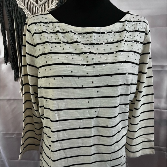 Talbots Ivory Black Stripe Plus Size 1X Rhinestones 3/4 Sleeves Knit Top Blouse - Picture 12 of 12